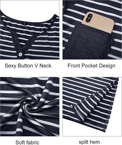 ملابس نوم نسائية ناعمة وفضفاضة من OUGES، فساتين نوم مخططة طويلة الأكمام، فستان هينلي بأزرار سفلية، ملابس نوم ليلية (أزرق، M) in Kuwait