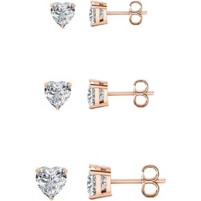 Savlano 3 Pair 14K White Gold Plated Cubic Zirconia Heart Cut Stud Earrings Comes In 4mm, 6mm & 8mm For Women, Girls & Men
