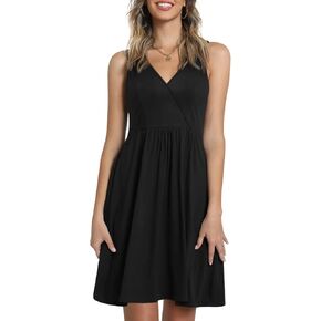 CATHY Womens Casual Sleeveless Dress V Neck Wrap Tunics Dresses Loose Comfy Beach Sundress with Pockets in Kuwait