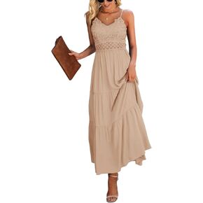 Dokuritu Women's Beach Crochet Lace Maxi Dress Solid Color Summer Vacation Spaghetti Strap Long Dress 2024