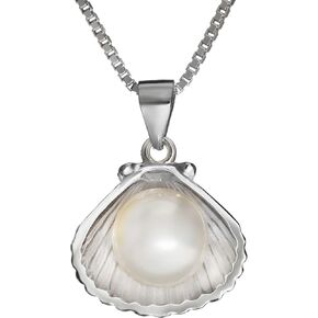 925 Sterling Silver Pearl in Seashell Necklace Pendant with 18" Box Chain, Freshwater Black White Pearl, Nickel Free Hypoallergenic, Hawaiian Island Jewelry for Wife Daughter Women, Gift Box in Saudi Arabia