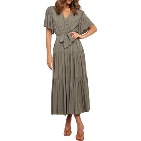 R.Vivimos Women's Fall Cotton Long Sleeves Irregular Polka Dot V Neck Casual Flowy Midi Dress