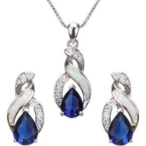 مجموعة مجوهرات جوهرة الميلاد من psaakon عبارة عن قلادة وأقراط على شكل هالة من الأوبال والتوباز والياقوت الأزرق مطلية بالذهب الأبيض عيار 18 قيراط هدية للسيدات والفتيات in Kuwait