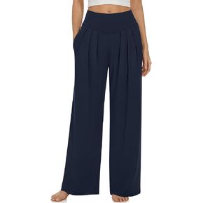 UEU سروال نسائي واسع الساق فضفاض غير رسمي يوجا بالازو سروال مريح عالي الخصر مجعد بيجامة سروال واسع مع جيوب in Kuwait
