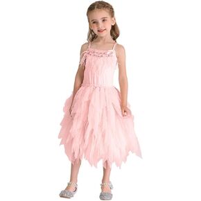 WOCINL Kids Girls Spaghetti Straps Swan Feather Fringes Tulle Dress Birthday Party Ballerina Dance Short Tiered Tutu Gown