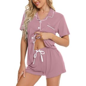 طقم بيجامات YOPUGEE للسيدات بأزرار سفلية بأكمام قصيرة، ملابس نوم للعروس الناعمة من Pj Lounge Set، Taro Purple-L in Kuwait