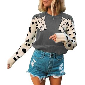 Angashion Women's Sweaters Casual Floral Printed Patchwork Long Sleeves Knitted Pullover Cropped Sweater Tops