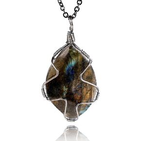 OWWUUREIKI Handmade Wire Wrapped Irregular Natural Labradorite Stone Jewelry 23.5In Chain Handmade Charm Pendant Necklace