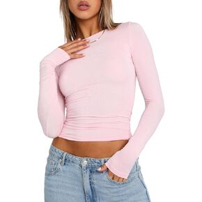 المرأة الأساسية طويلة الأكمام المحاصيل Y2k القمم مثير سليم صالح Crewneck الأعلى بلون الخريف ضيق البلوز بلوزة in Kuwait
