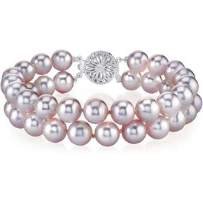 The Pearl Source Sterling Silver AAA Quality Round Pink Freshwater Cultured Pearl Double Strand Bracelet for Women