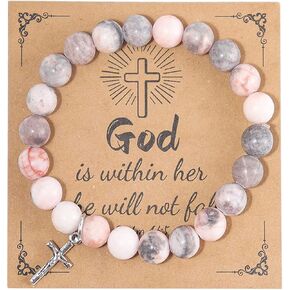 Handmade Natural Stone Beaded Cross Pendant Crucifix Religious Catholic Bracelet Faith Inspirational Elastic Rope Protection Pray Jewelry for Women Girls