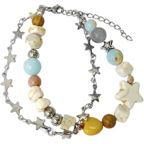 Blue Drop Y2k Bracelet Double Layer Star Imitation Pearls Strand Bracelet for Women Girl Cute Handmade Planets Universe Beaded Stone Bracelet Aesthetic Jewelry Friendship Gift