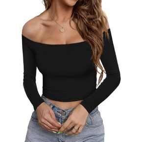Womens Long Sleeve Tops Y2K Off The Shoulder Fit Slim Sexy Crop Tops in Kuwait