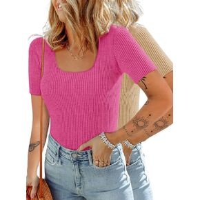 Dokotoo Women's 2 Piece Casual Summer T Shirts Short Sleeve Square Neck Slim Fit Tops Tee shirts