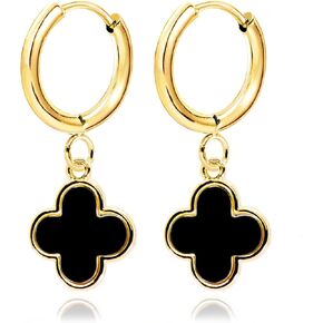 Four Leaf Clover Dangle Earrings for Women • Mother of Pearl White Onyx Black Lucky Clover Drop Earrings • 18K Gold Plated Huggie Hoop Jewelry Gifts [CVRE]