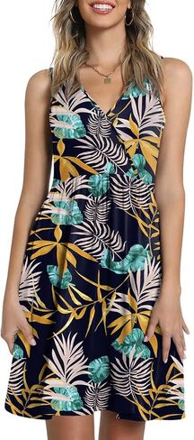 CATHY Womens Casual Sleeveless Dress V Neck Wrap Tunics Dresses Loose Comfy Beach Sundress with Pockets in Kuwait