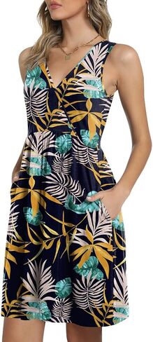 CATHY Womens Casual Sleeveless Dress V Neck Wrap Tunics Dresses Loose Comfy Beach Sundress with Pockets in Kuwait