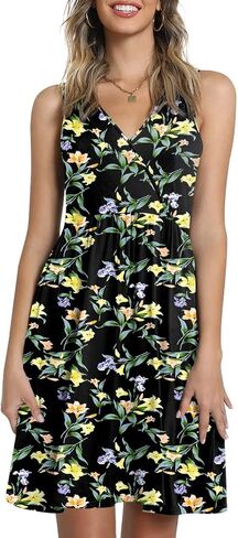 CATHY Womens Casual Sleeveless Dress V Neck Wrap Tunics Dresses Loose Comfy Beach Sundress with Pockets in Kuwait