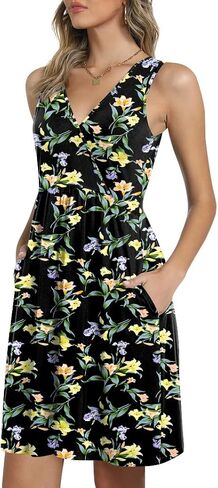 CATHY Womens Casual Sleeveless Dress V Neck Wrap Tunics Dresses Loose Comfy Beach Sundress with Pockets in Kuwait