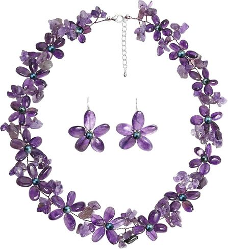 مجموعة مجوهرات من اللؤلؤ الأرجواني واللؤلؤ الوردي (مصبوغ) والكوارتز الأرجواني زهرة والقلادات والأقراط in Kuwait