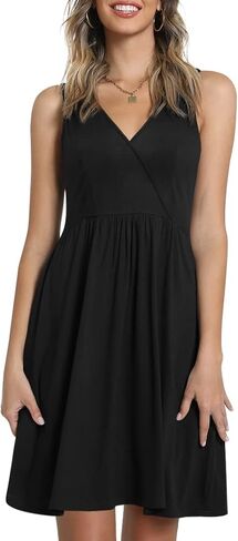 CATHY Womens Casual Sleeveless Dress V Neck Wrap Tunics Dresses Loose Comfy Beach Sundress with Pockets in Kuwait