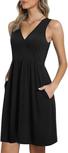 CATHY Womens Casual Sleeveless Dress V Neck Wrap Tunics Dresses Loose Comfy Beach Sundress with Pockets in Kuwait