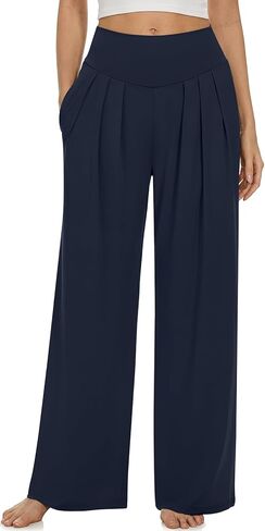 UEU سروال نسائي واسع الساق فضفاض غير رسمي يوجا بالازو سروال مريح عالي الخصر مجعد بيجامة سروال واسع مع جيوب in Kuwait