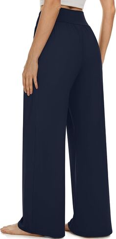 UEU سروال نسائي واسع الساق فضفاض غير رسمي يوجا بالازو سروال مريح عالي الخصر مجعد بيجامة سروال واسع مع جيوب in Kuwait