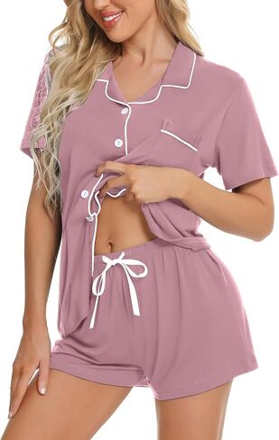 طقم بيجامات YOPUGEE للسيدات بأزرار سفلية بأكمام قصيرة، ملابس نوم للعروس الناعمة من Pj Lounge Set، Taro Purple-L in Kuwait