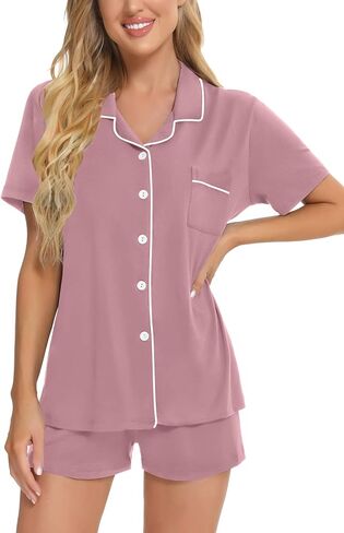 طقم بيجامات YOPUGEE للسيدات بأزرار سفلية بأكمام قصيرة، ملابس نوم للعروس الناعمة من Pj Lounge Set، Taro Purple-L in Kuwait