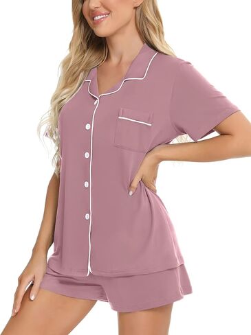 طقم بيجامات YOPUGEE للسيدات بأزرار سفلية بأكمام قصيرة، ملابس نوم للعروس الناعمة من Pj Lounge Set، Taro Purple-L in Kuwait