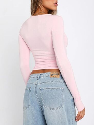 المرأة الأساسية طويلة الأكمام المحاصيل Y2k القمم مثير سليم صالح Crewneck الأعلى بلون الخريف ضيق البلوز بلوزة in Kuwait