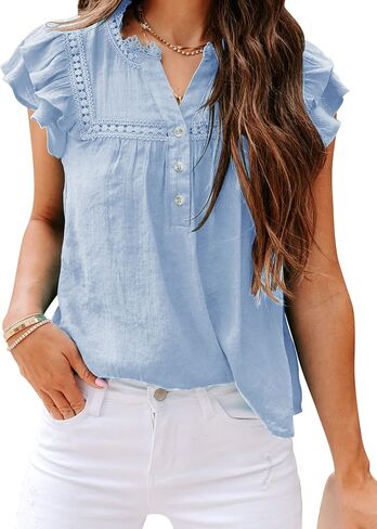 Orchidays Women's V Neck Lace Crochet Shirts Short Sleeve Button Down Casual Solid Blouse Tops in Kuwait