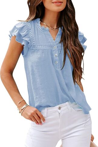 Orchidays Women's V Neck Lace Crochet Shirts Short Sleeve Button Down Casual Solid Blouse Tops in Kuwait