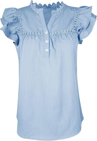 Orchidays Women's V Neck Lace Crochet Shirts Short Sleeve Button Down Casual Solid Blouse Tops in Kuwait