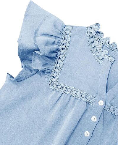 Orchidays Women's V Neck Lace Crochet Shirts Short Sleeve Button Down Casual Solid Blouse Tops in Kuwait