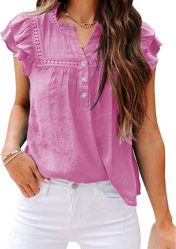 Orchidays Women's V Neck Lace Crochet Shirts Short Sleeve Button Down Casual Solid Blouse Tops in Kuwait