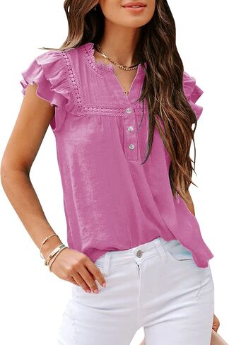 Orchidays Women's V Neck Lace Crochet Shirts Short Sleeve Button Down Casual Solid Blouse Tops in Kuwait