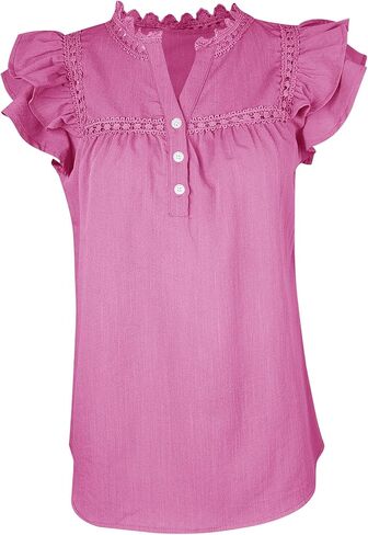 Orchidays Women's V Neck Lace Crochet Shirts Short Sleeve Button Down Casual Solid Blouse Tops in Kuwait