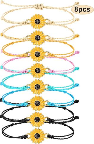 Hicarer 8 Pieces Sunflower Bracelets Adjustable Boho Braided Rope Bracelets Handmade Friendship Bracelets for Women Girls Summer Party Gift Favors (Black, Beige, Blue, Orange, Green, Pink) in Saudi Arabia