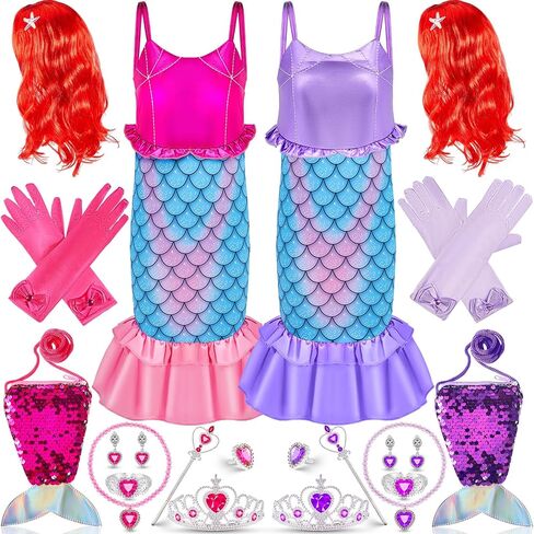 2 Set Little Girls Princess Mermaid Costume with Red Wig Crown Gloves Wand Jewelry Accessories for Halloween Dress Up Party in Saudi Arabia