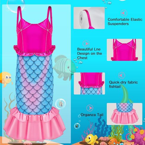 2 Set Little Girls Princess Mermaid Costume with Red Wig Crown Gloves Wand Jewelry Accessories for Halloween Dress Up Party in Saudi Arabia
