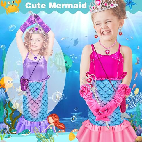 2 Set Little Girls Princess Mermaid Costume with Red Wig Crown Gloves Wand Jewelry Accessories for Halloween Dress Up Party in Saudi Arabia
