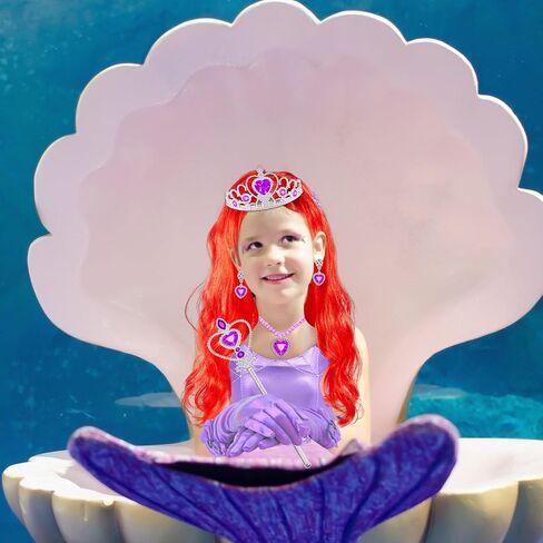 2 Set Little Girls Princess Mermaid Costume with Red Wig Crown Gloves Wand Jewelry Accessories for Halloween Dress Up Party in Saudi Arabia