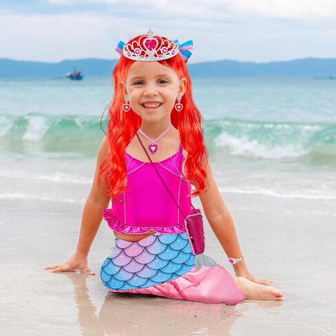 2 Set Little Girls Princess Mermaid Costume with Red Wig Crown Gloves Wand Jewelry Accessories for Halloween Dress Up Party in Saudi Arabia