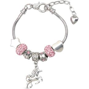 سوار بتعليقة يونيكورن للبنات مع حلية يونيكورن ودلايات كريستال لامعة بلون بينك - سوار مثالي للفتيات الصغيرات (17 سم/ 6.7 انش)، 6.7 انش، معدن, 6.7 inches, معدن in Kuwait