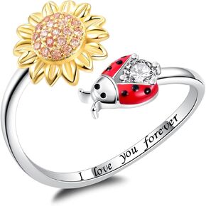 S925 Sterling Silver Sunflower Ladybug Ring Bracelet Earrings Set - I Love You Forever Gifts for Women Girls in Kuwait