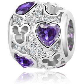 SBI Jewelry Purple Blue Green CZ Mickey Heart Charm Compatible Pandora Charm Bracelet Women Love Mouse Bead Birthstone Family Friends Birthday Anniversary