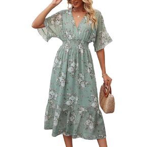 Meetrendi Women's Spring Summer 2024 Floral Midi Dress A Line Chiffon Boho Dress Casual Short Sleeve Long Beach Dress