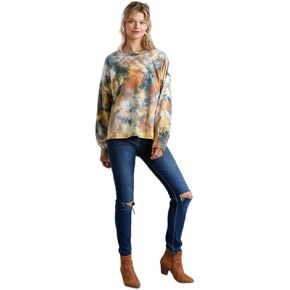 Umgee Tie Dye Twisted Collared Long Cuffed Sleeve Top with Raw Edge Detail and High Low Hem